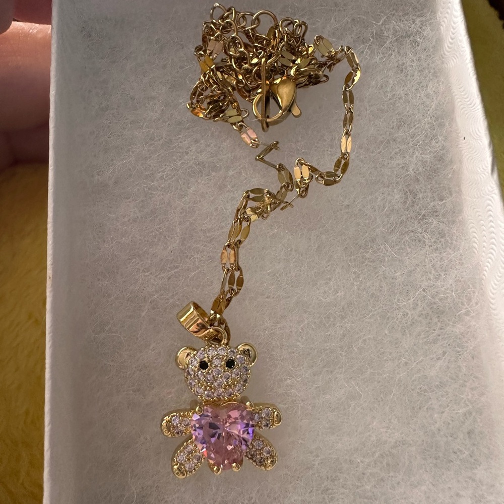 Gold and Pink Teddy Bear Pendant Necklace